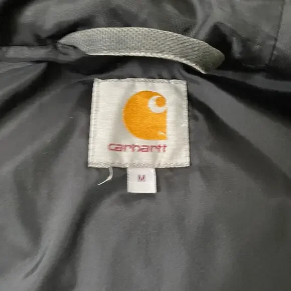 🌿Carhartt Mens Heavy Canvas Gray Black 2 Way Zip Hooded Puffer Douglas Jacket M